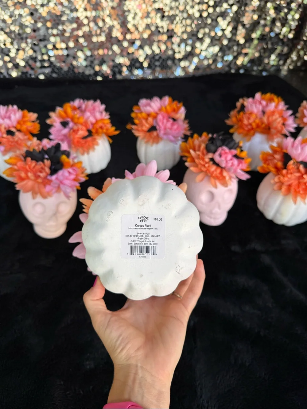 Set of 10 Faux Floral Pumpkin & Skull Centerpieces in Pink, Orange and Black